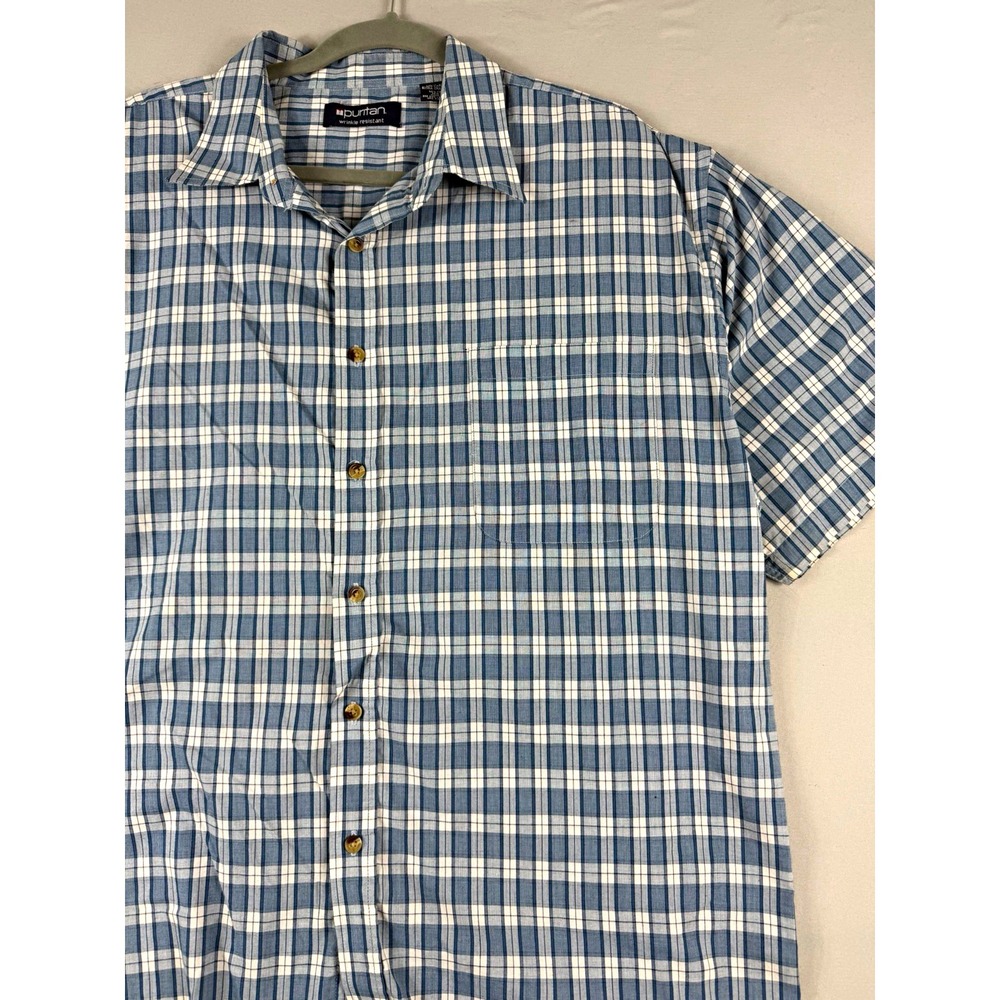 Puritan wrinkle resistant blue/white plaid ss button up shirt, men's XL